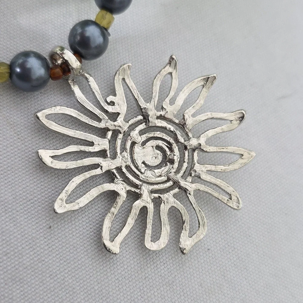 Natural Stone Hematite Necklace with Sun Pendant and Earrings Set